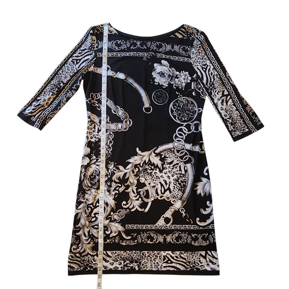 Cartise Sheath Dress Floral Chains Print, black, white, silver 3/4 sleeve sz 10 - Picture 4 of 12